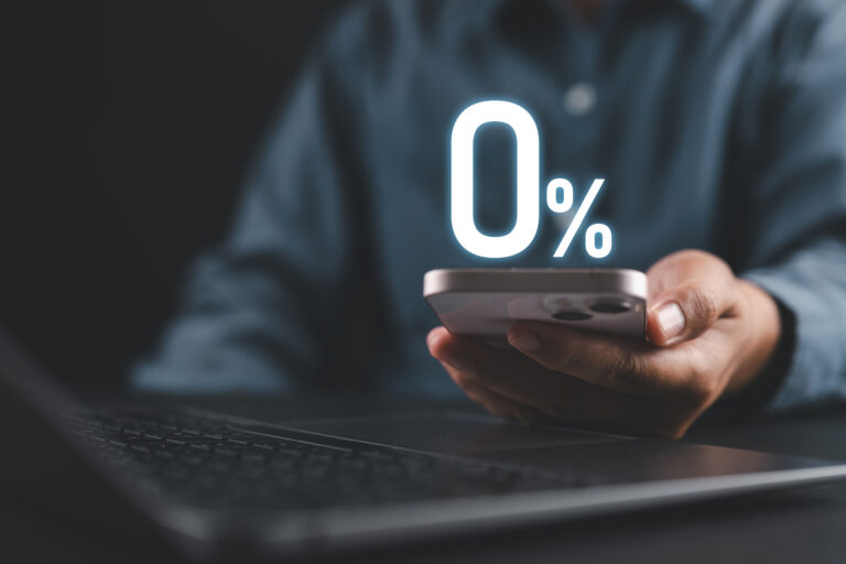Zero percentage for special offer of shopping department store and discount. Interest rate, installment payment, promotion, marketing, boost sales. Businessman with virtual icon.